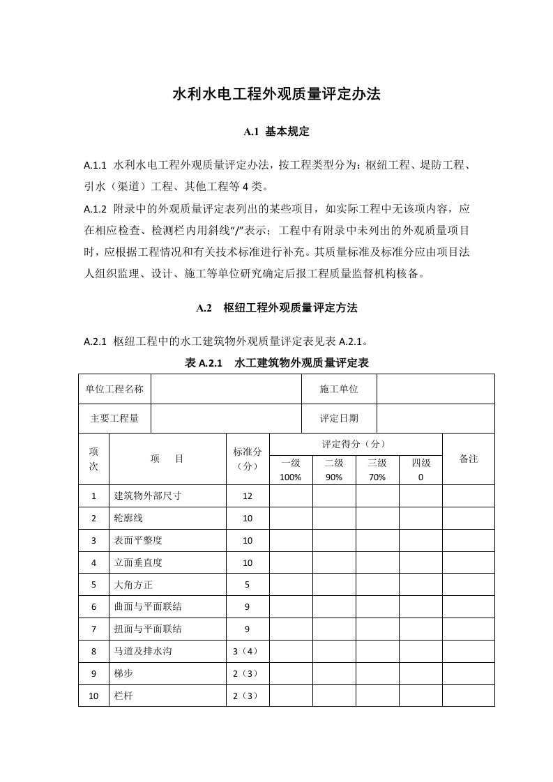 水利水电工程外观质量评定办法及表格