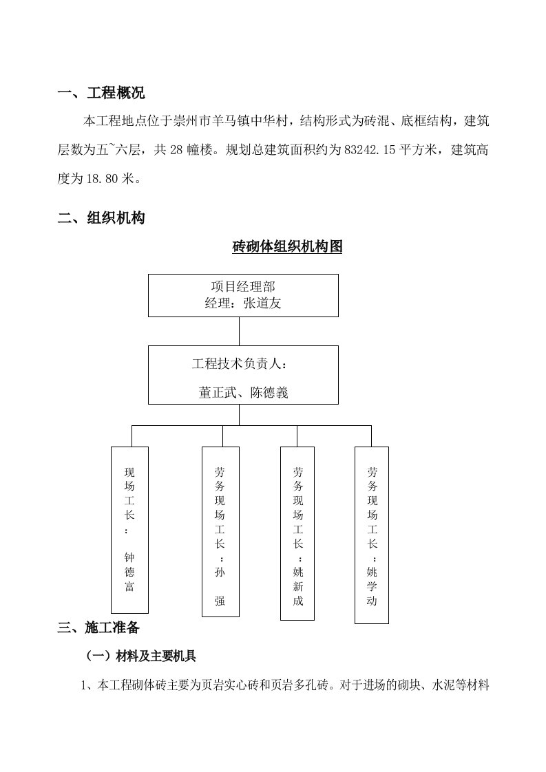 砖混结构砖砌体施工方案