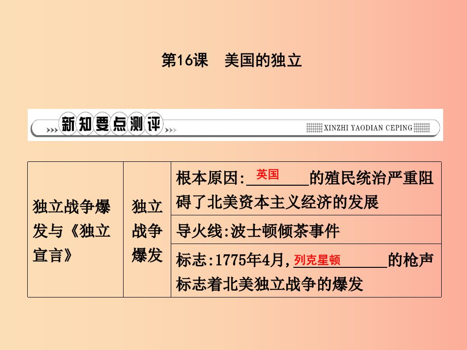 2019年秋九年级历史上册第六单元欧美资产阶级革命第16课美国的独立作业课件川教版