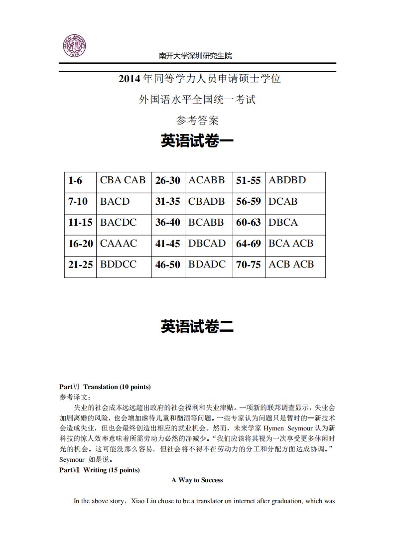 2024年同等学力英语真题参考答案