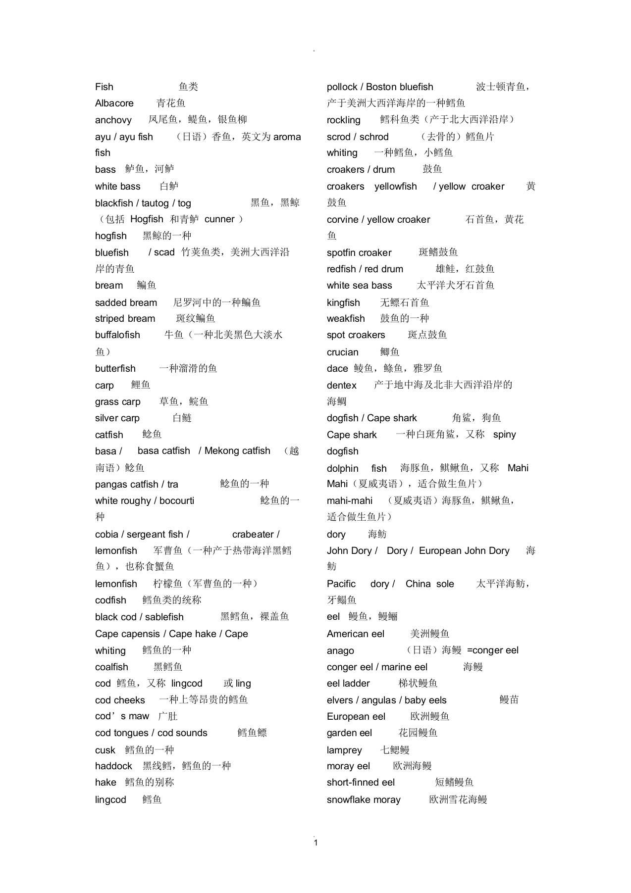 常用鱼类英文名称