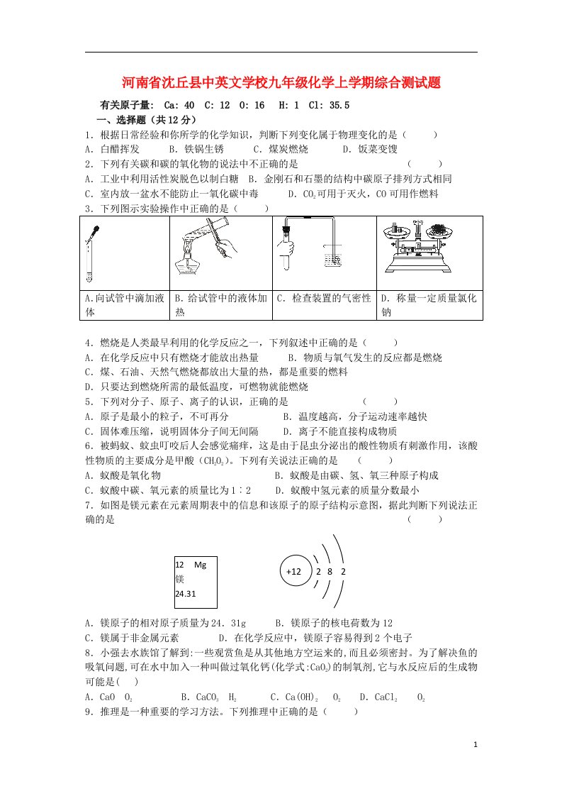 河南省沈丘县中英文学校九级化学上学期综合测试题（含解析）