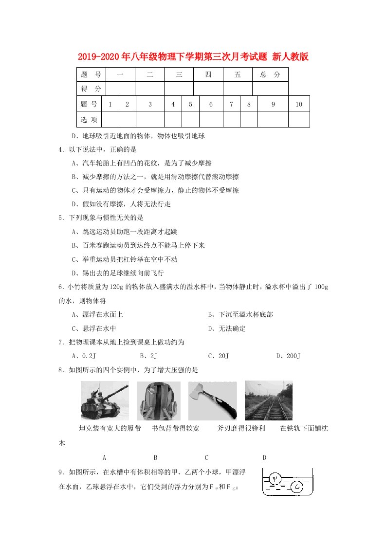 2019-2020年八年级物理下学期第三次月考试题