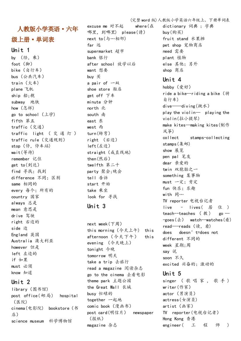 人教版小学英语六年级上、下册单词表