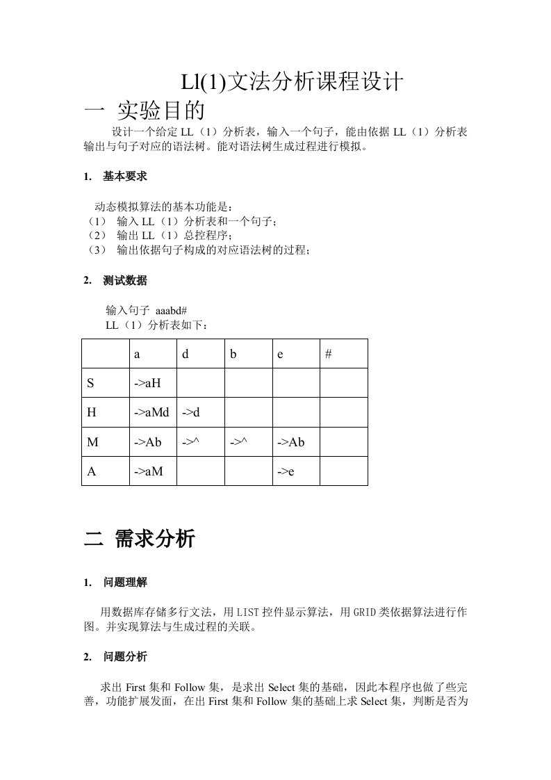 编译原理课程设计报告ll(1)文法分析课程设计