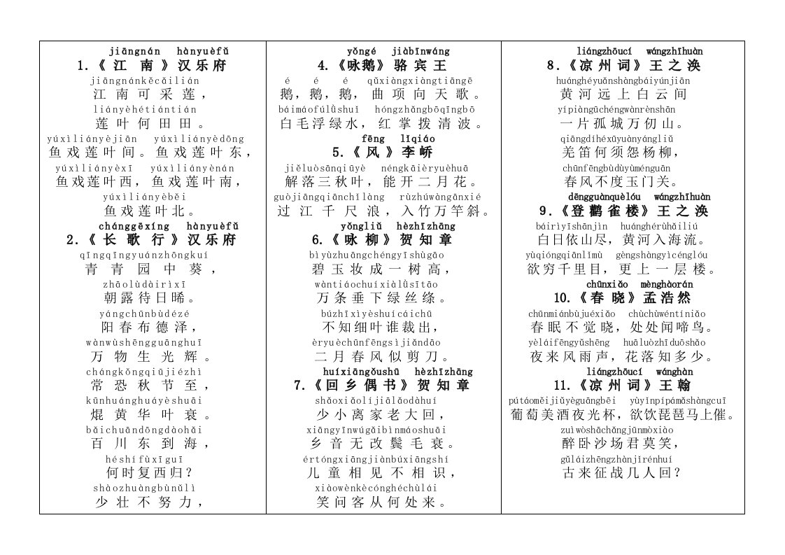 小学生必背古诗75首(带拼音打印版)