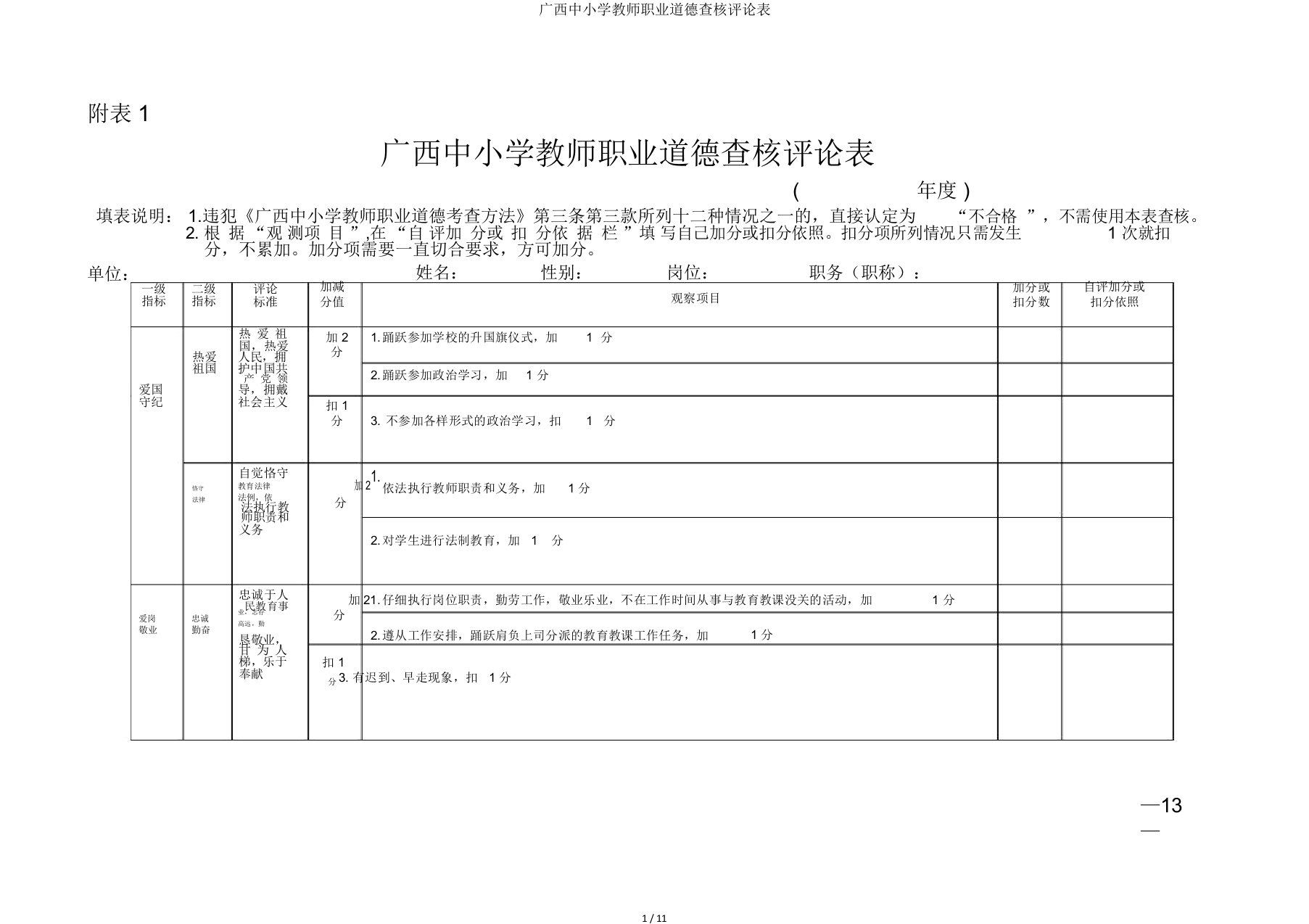 广西中小学教师职业道德考核评价表