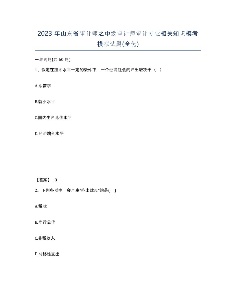 2023年山东省审计师之中级审计师审计专业相关知识模考模拟试题全优