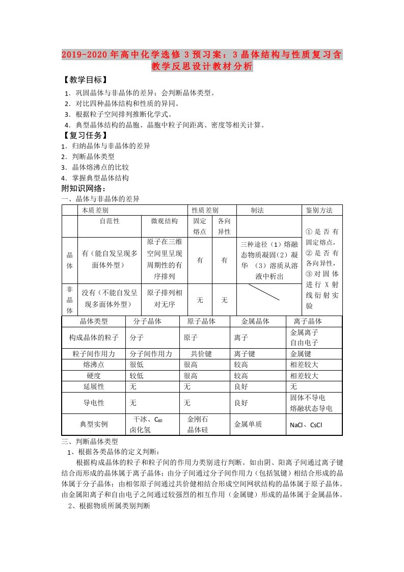 2019-2020年高中化学选修3预习案：3晶体结构与性质复习含教学反思设计教材分析