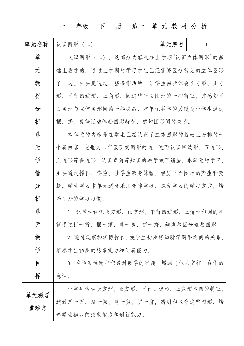 人教版数学一年级下册认识图形