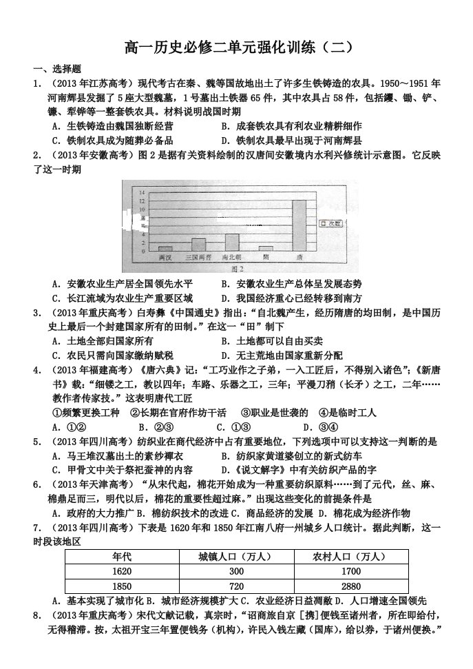 高一历史必修二单元化强训练(二)