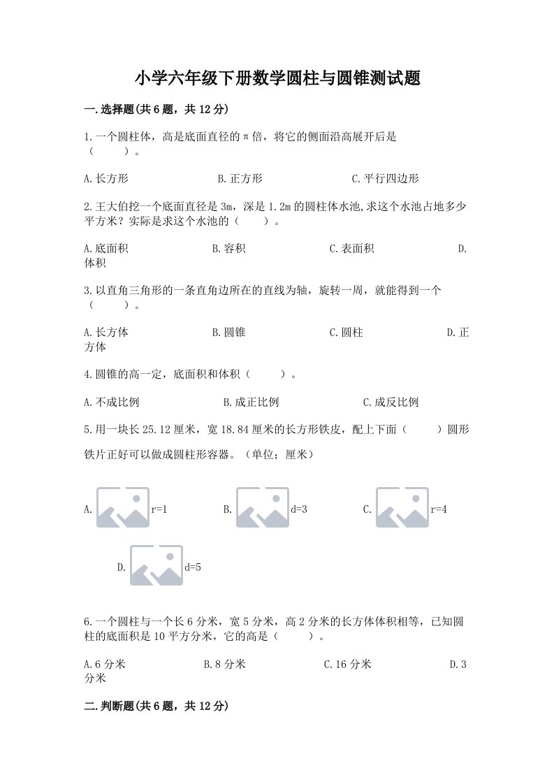 小学六年级下册数学圆柱与圆锥测试题附精品答案