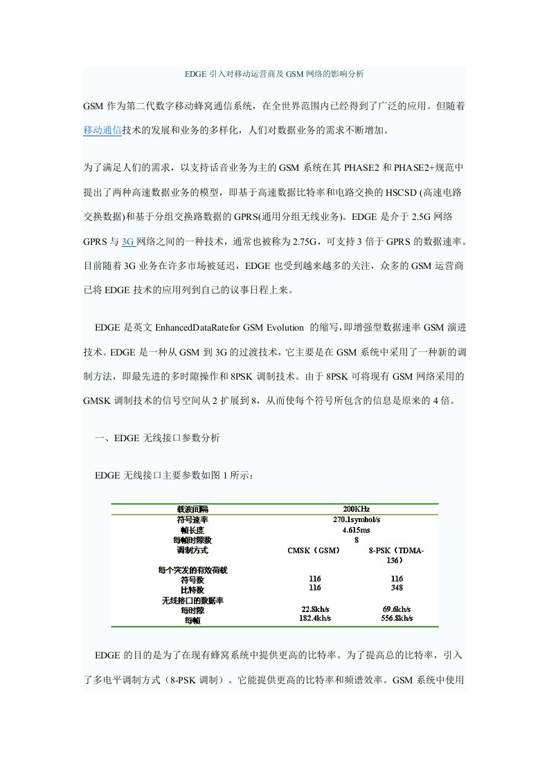 EDGE引入对移动运营商及GSM网络的影响分析