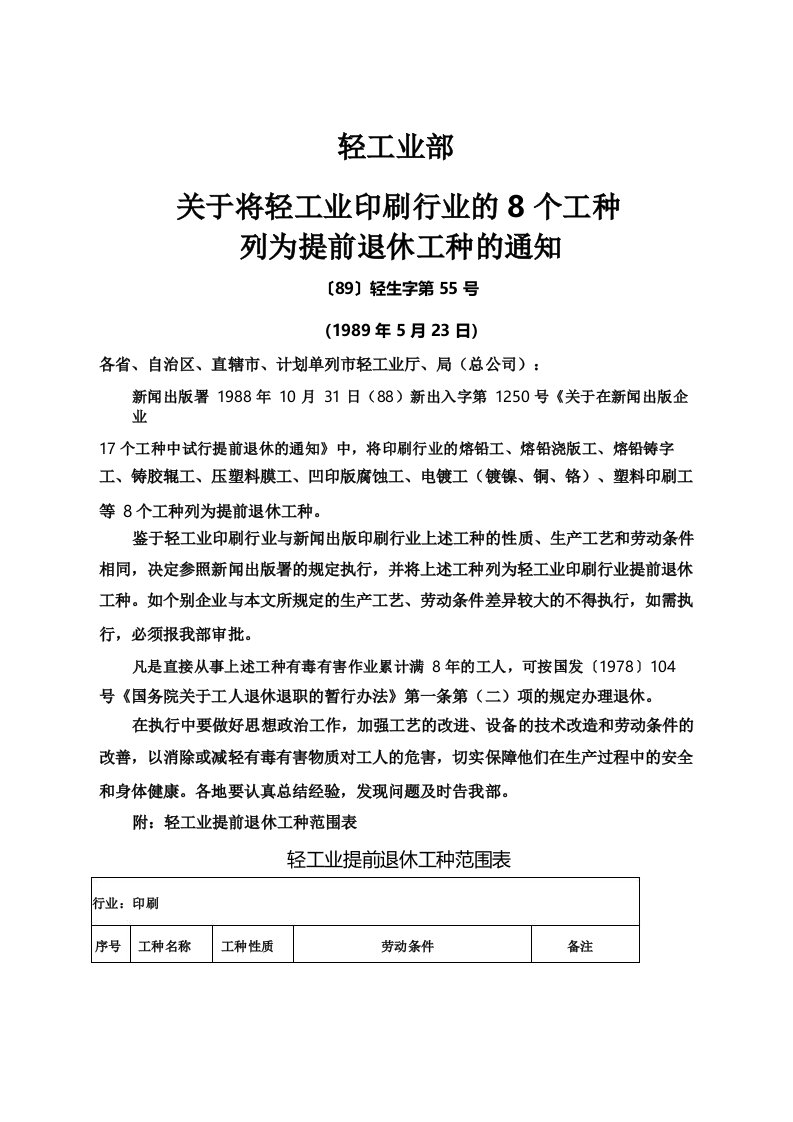 轻工业部关于将轻工业印刷行业的个工种列为提前退休工种的通知〔精选〕轻生第精选号