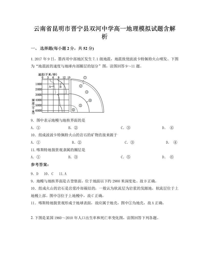 云南省昆明市晋宁县双河中学高一地理模拟试题含解析