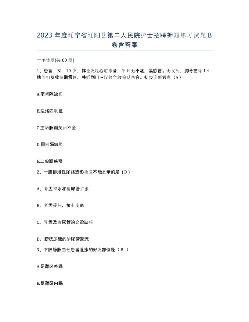 2023年度辽宁省辽阳县第二人民院护士招聘押题练习试题B卷含答案