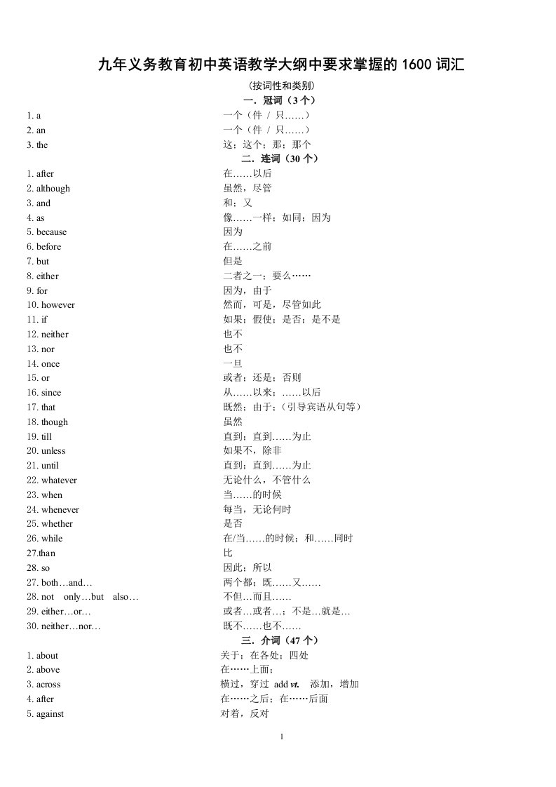 中考1600按词性分类