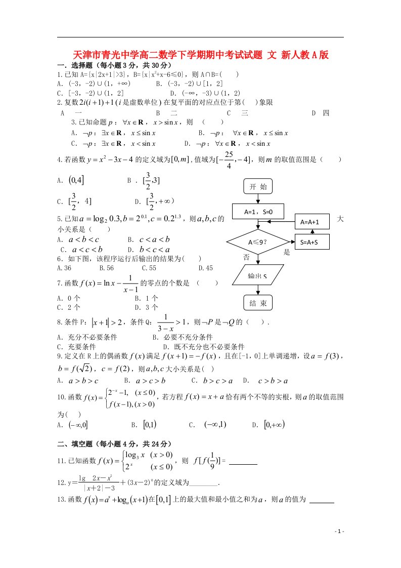 天津市青光中学高二数学下学期期中考试试题