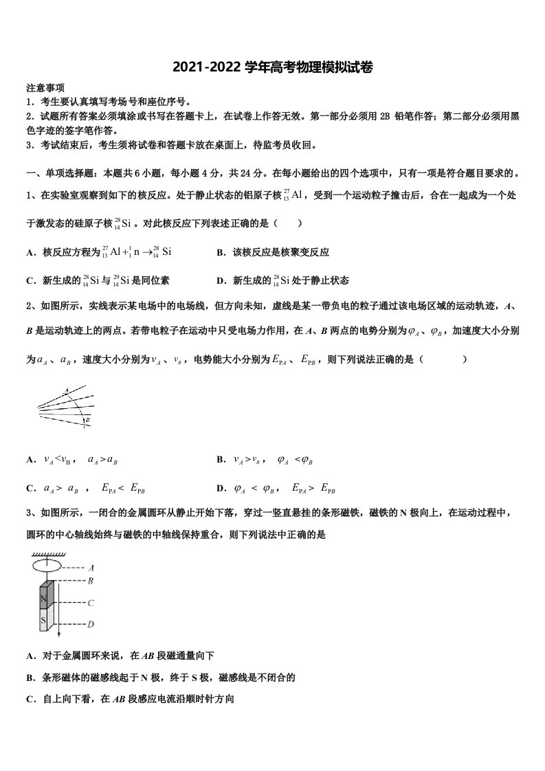 2022年四川省眉山市外国语学校高三第六次模拟考试物理试卷含解析