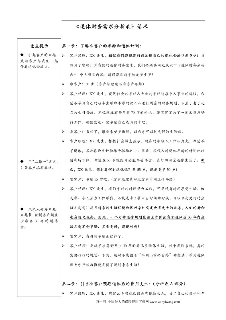 退休财务需求分析表话术宣讲DOC-财务制度表格