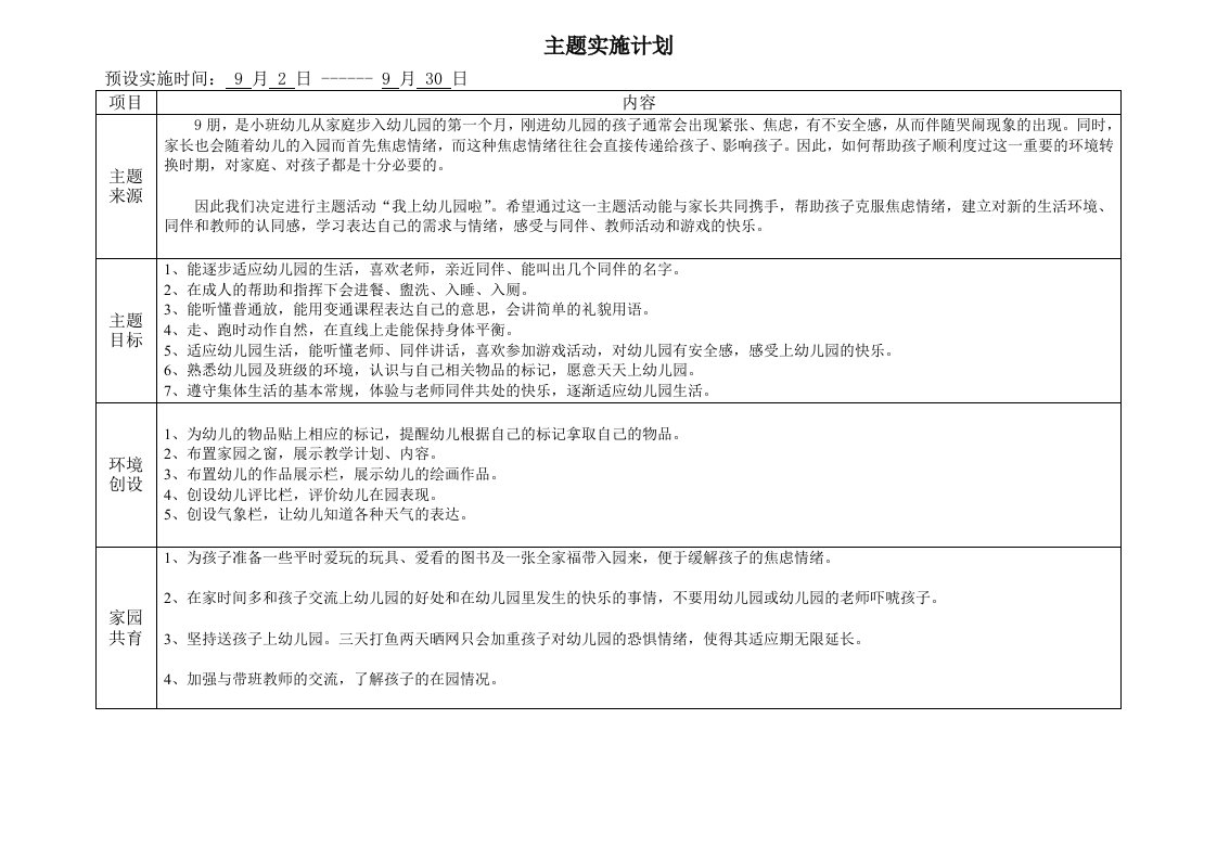 小班主题《我上幼儿园啦》主题实施计划