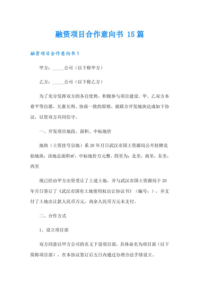 融资项目合作意向书