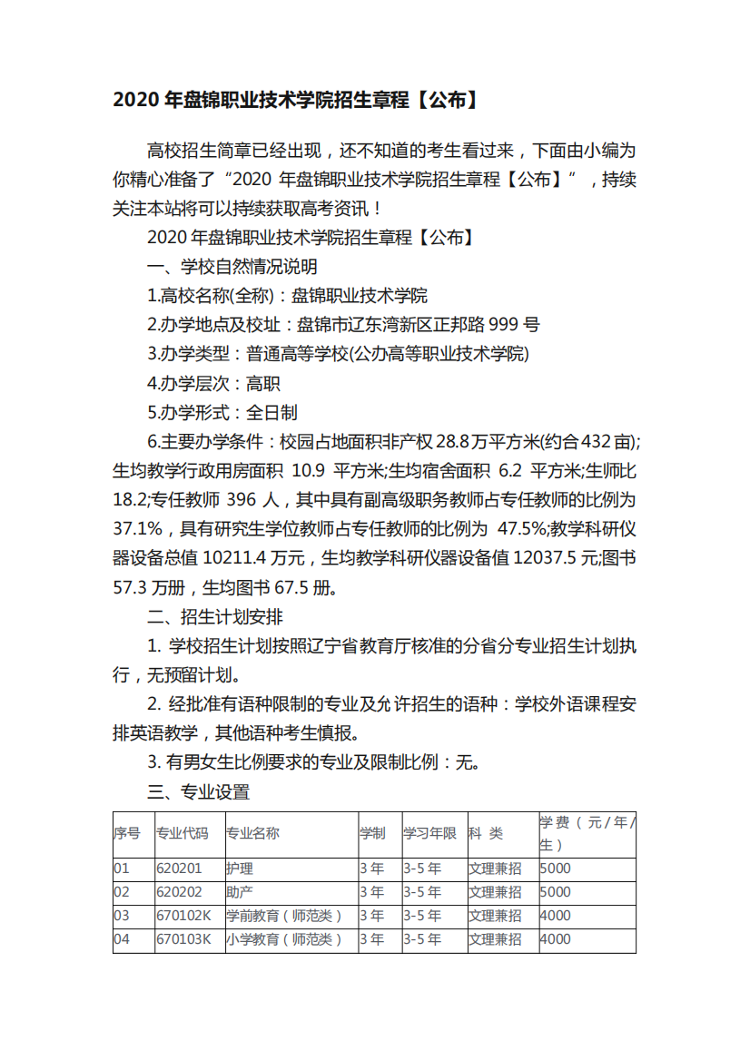 2020年盘锦职业技术学院招生章程【公布】