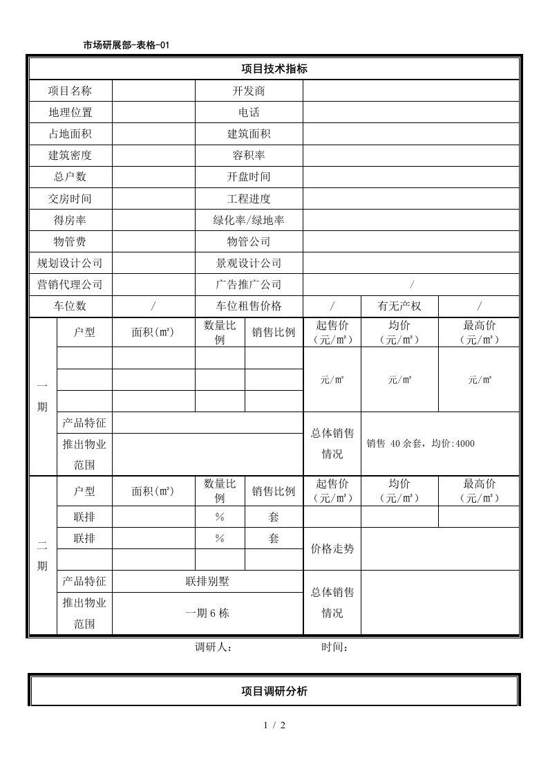 房地产市调表格