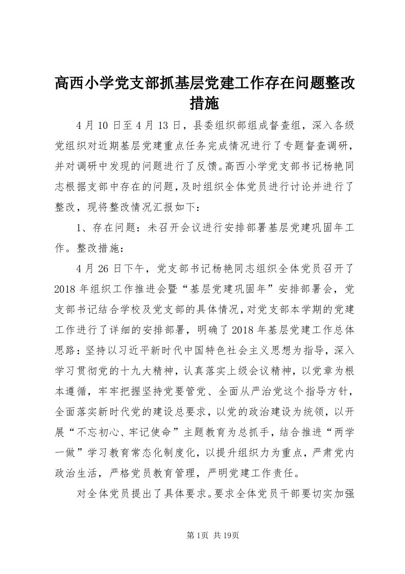 高西小学党支部抓基层党建工作存在问题整改措施