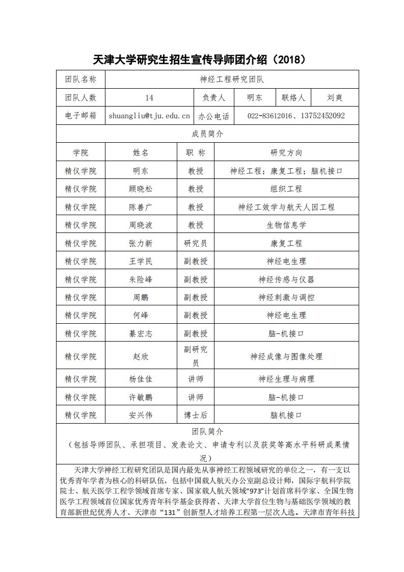 天津大学研究生招生宣传导师团介绍（2018）