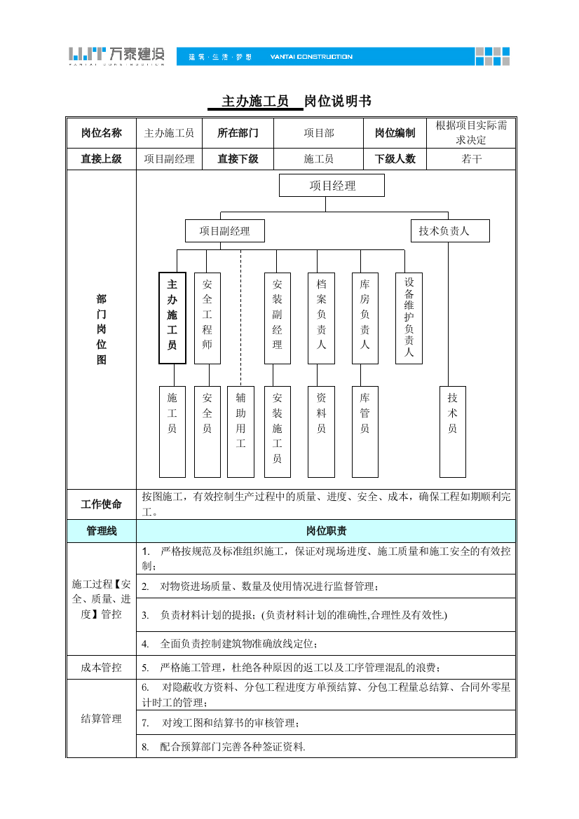 主办施工员岗位说明书