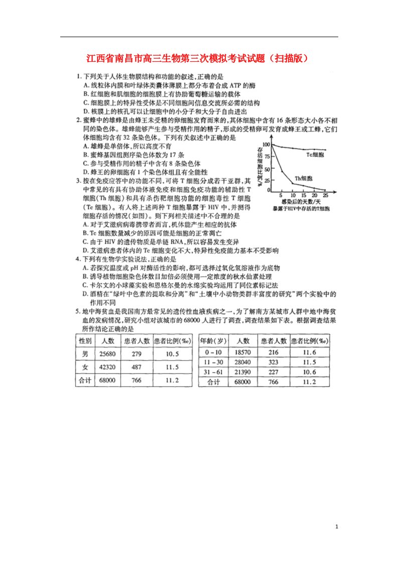 江西省南昌市高三生物第三次模拟考试试题（扫描版）新人教版