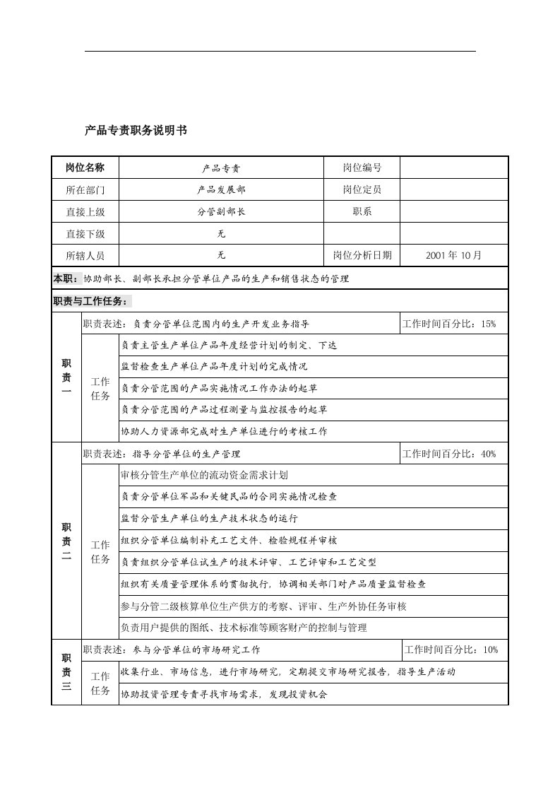 航材院产品发展部产品专责职务说明书