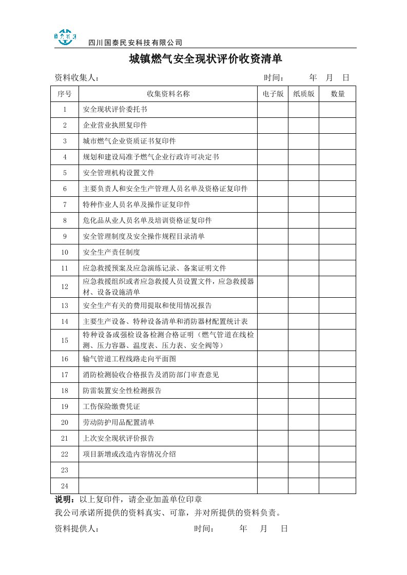 城镇燃气安全现状评价收资清单