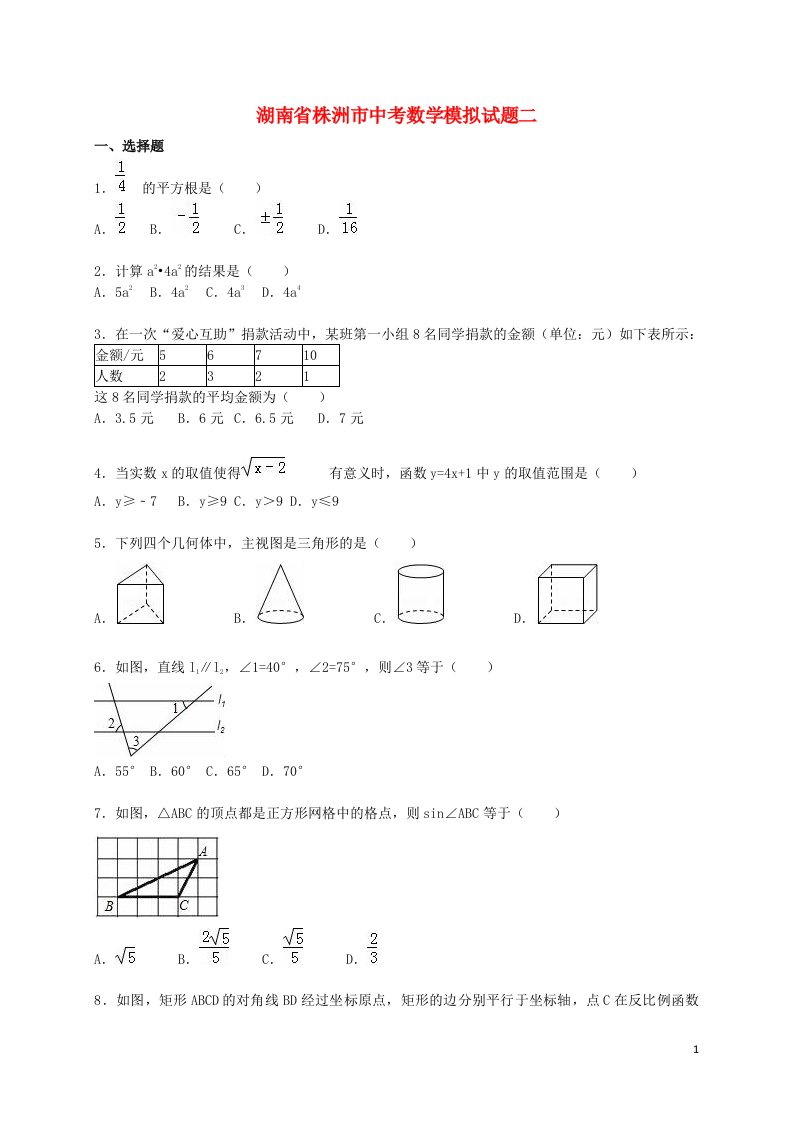 湖南省株洲市中考数学模拟试题二（含解析）