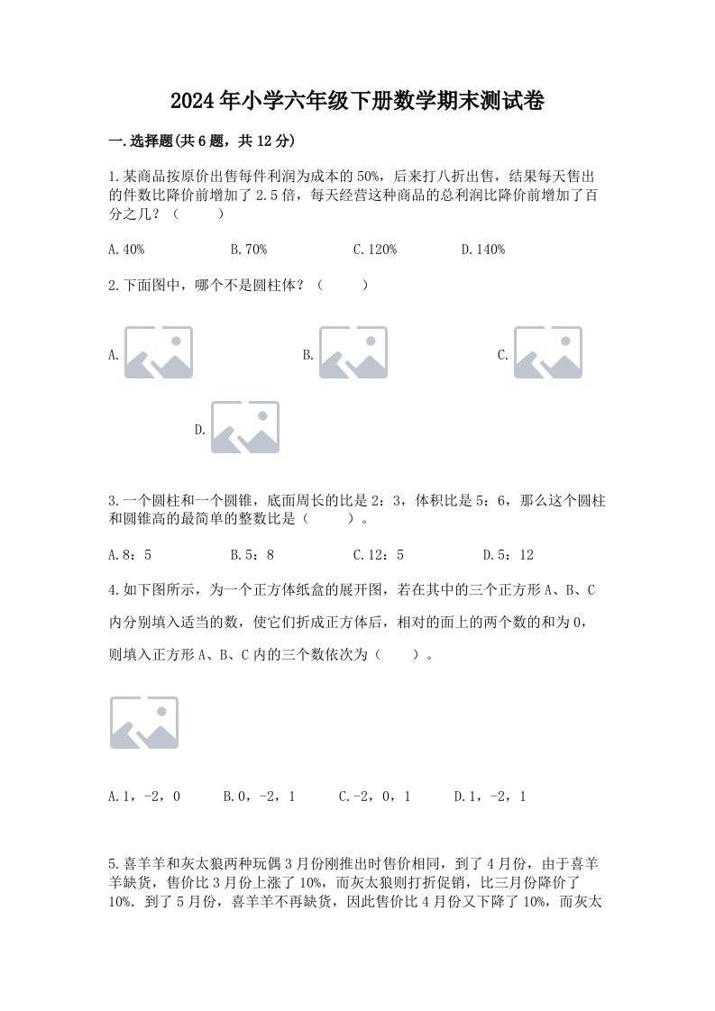 2024年小学六年级下册数学期末测试卷含答案（综合卷）