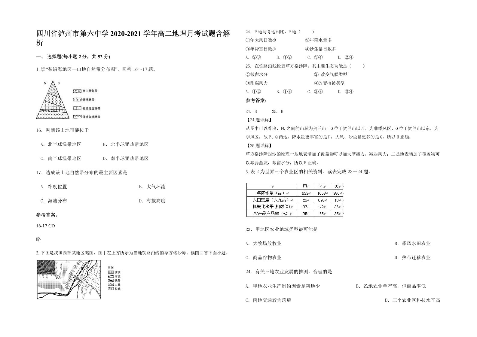 四川省泸州市第六中学2020-2021学年高二地理月考试题含解析