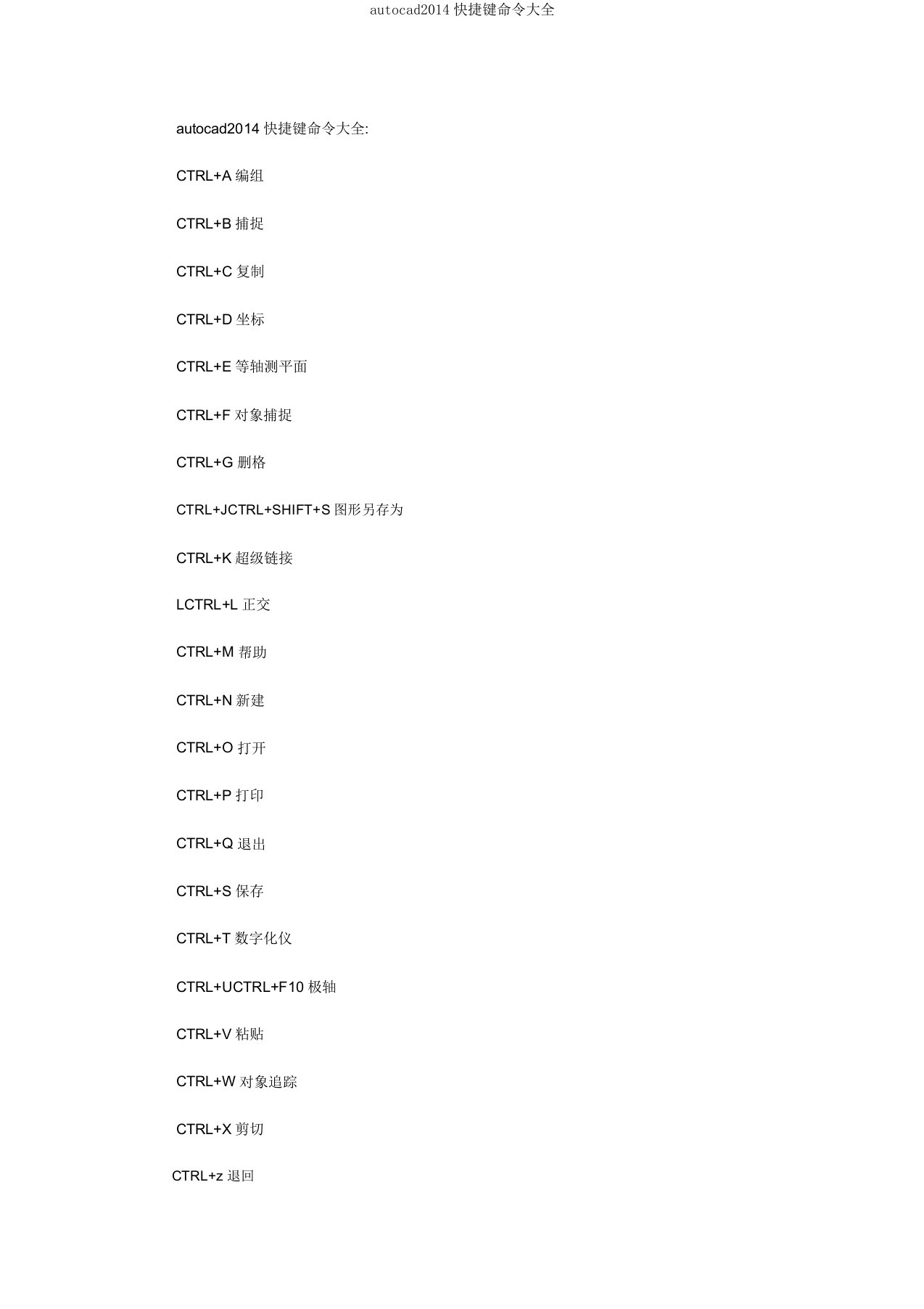 autocad2014快捷键命令大全