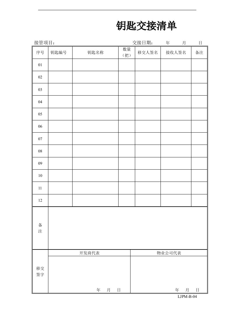 物业接管项目钥匙交接清单（DOC）