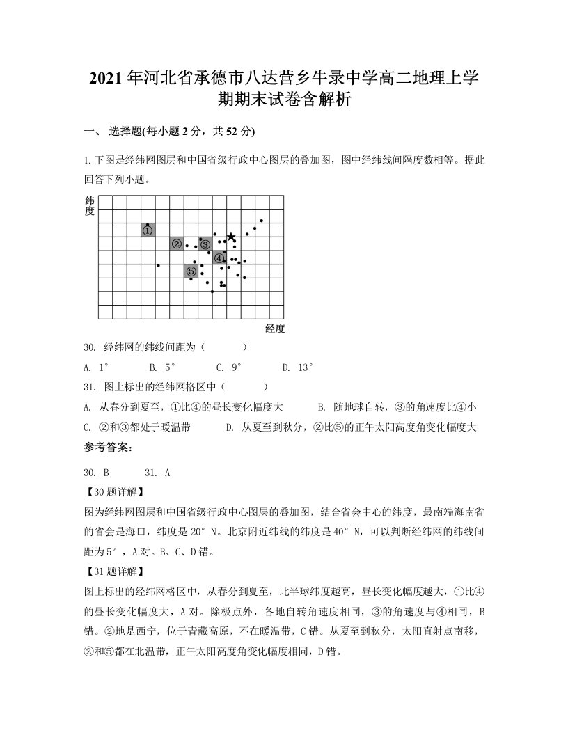 2021年河北省承德市八达营乡牛录中学高二地理上学期期末试卷含解析