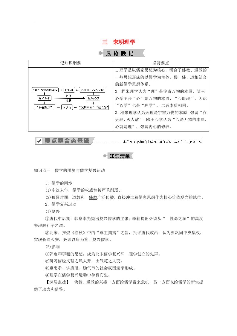 2020_2021学年高中历史专题一中国传统文化主流思想的演变三宋明理学学案含解析人民版必修3