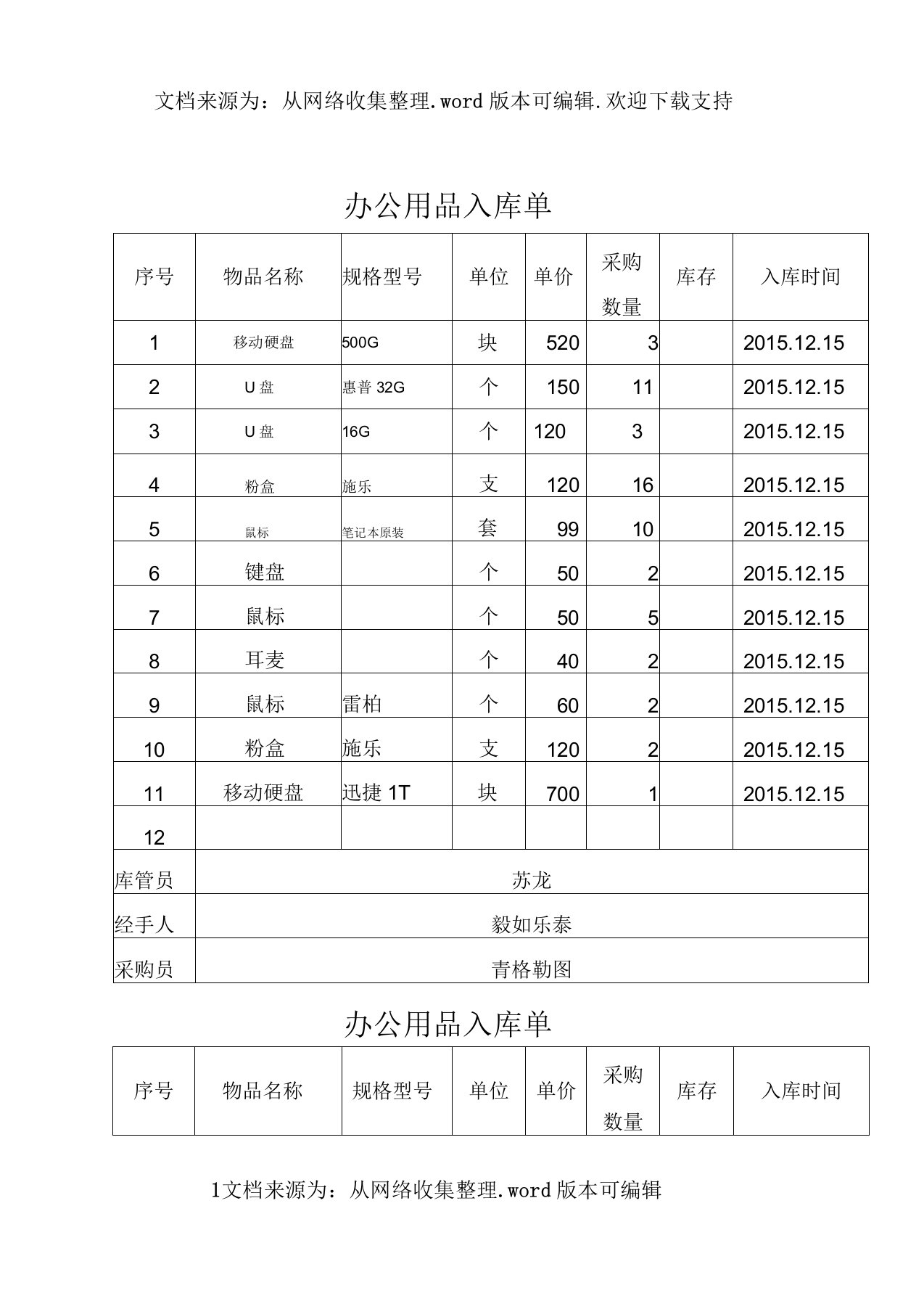 办公用品入出库单