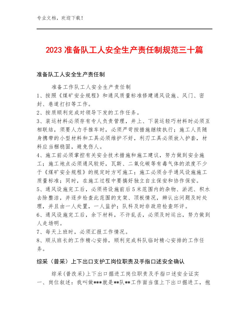 2023准备队工人安全生产责任制规范三十篇