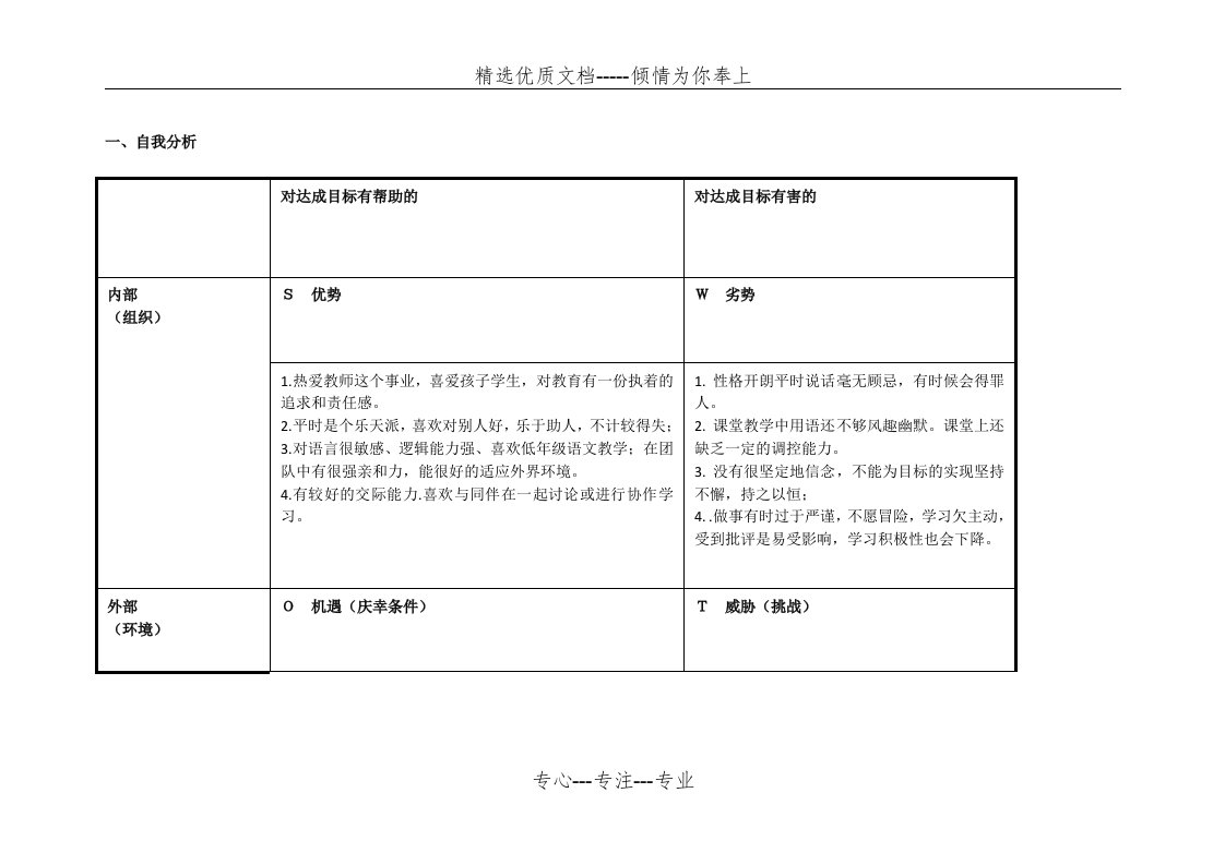 教师个人自我诊断SWOT分析表(共3页)