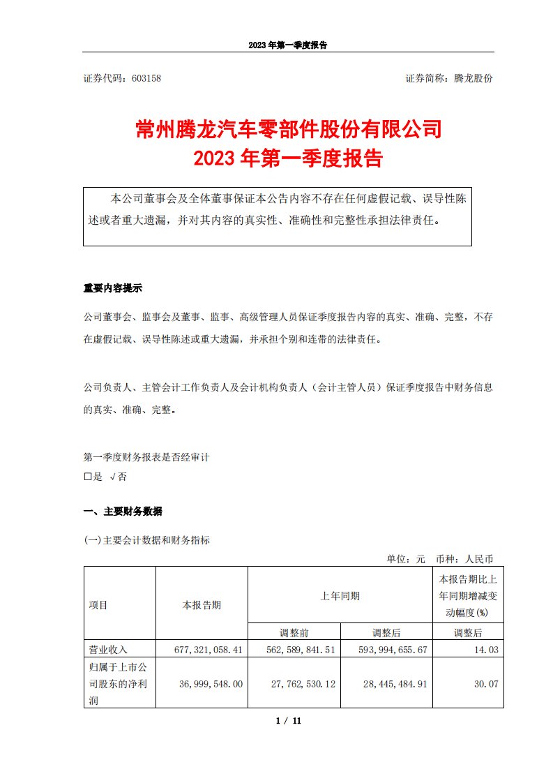 上交所-常州腾龙汽车零部件股份有限公司2023年第一季度报告-20230428