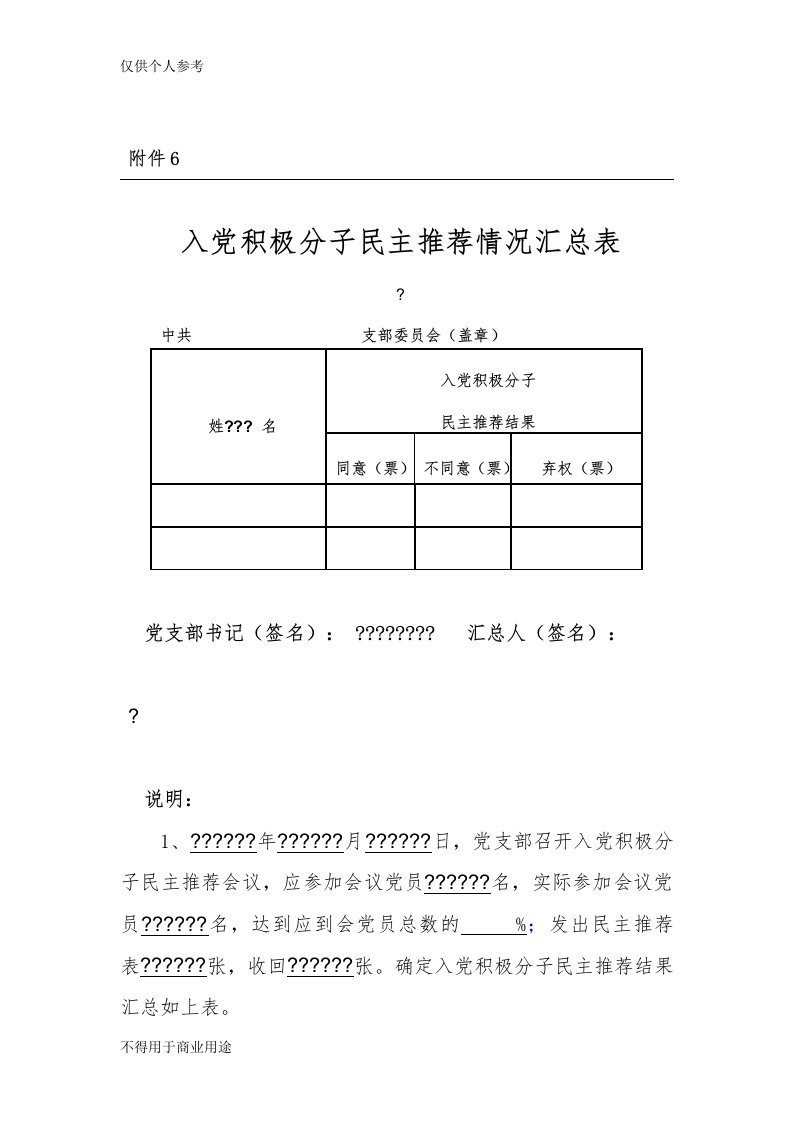 入党积极分子民主推荐汇总表