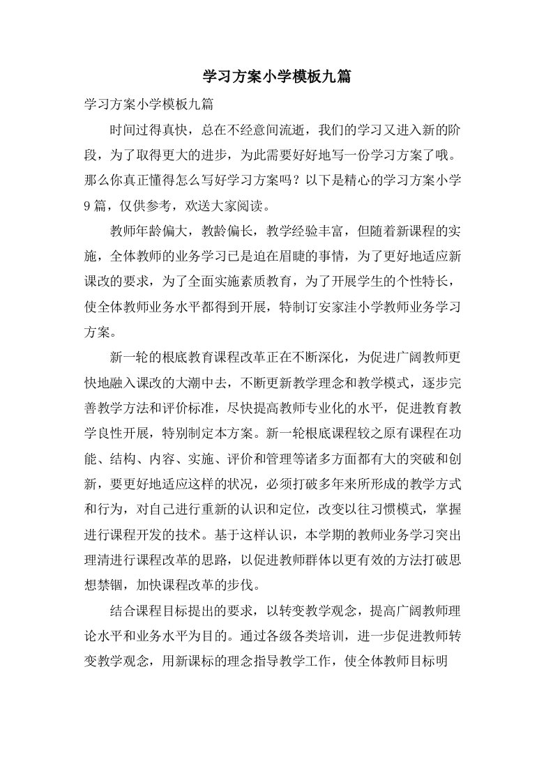 学习计划小学模板九篇