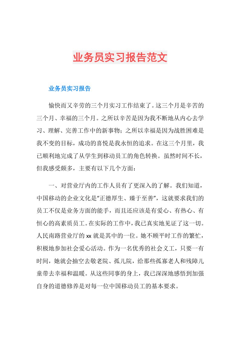 业务员实习报告范文