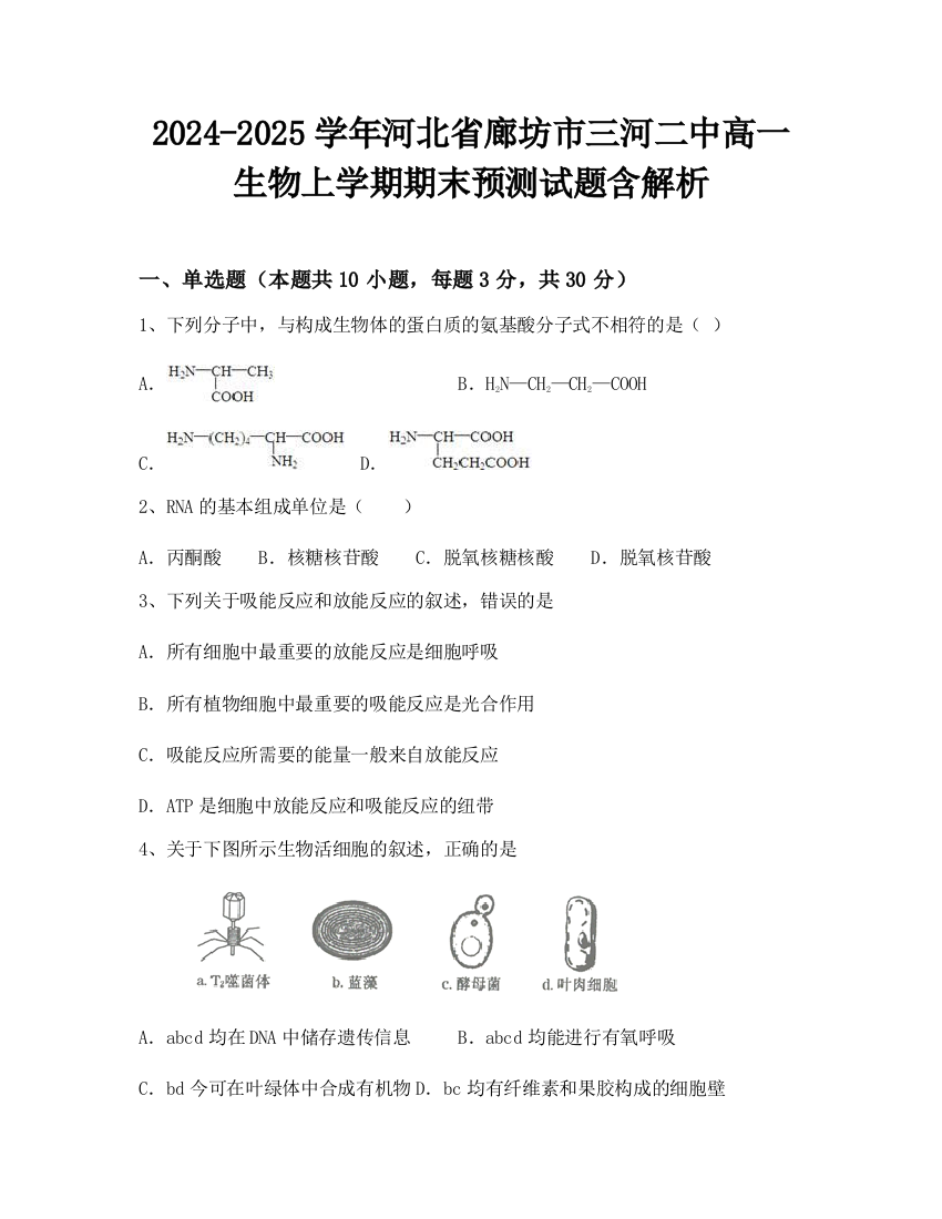 2024-2025学年河北省廊坊市三河二中高一生物上学期期末预测试题含解析