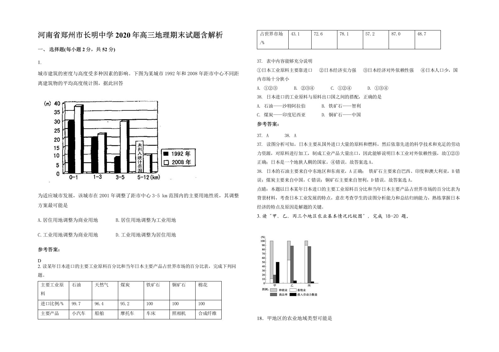 河南省郑州市长明中学2020年高三地理期末试题含解析